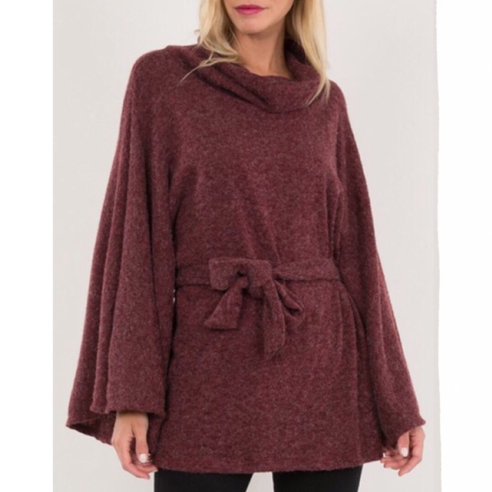Soft Burgundy Belted Poncho/Sweater